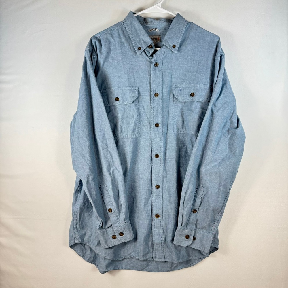 Carhartt Mens Blue Cotton Long Sleeve Button Down Work Shirt S202 CBL Large